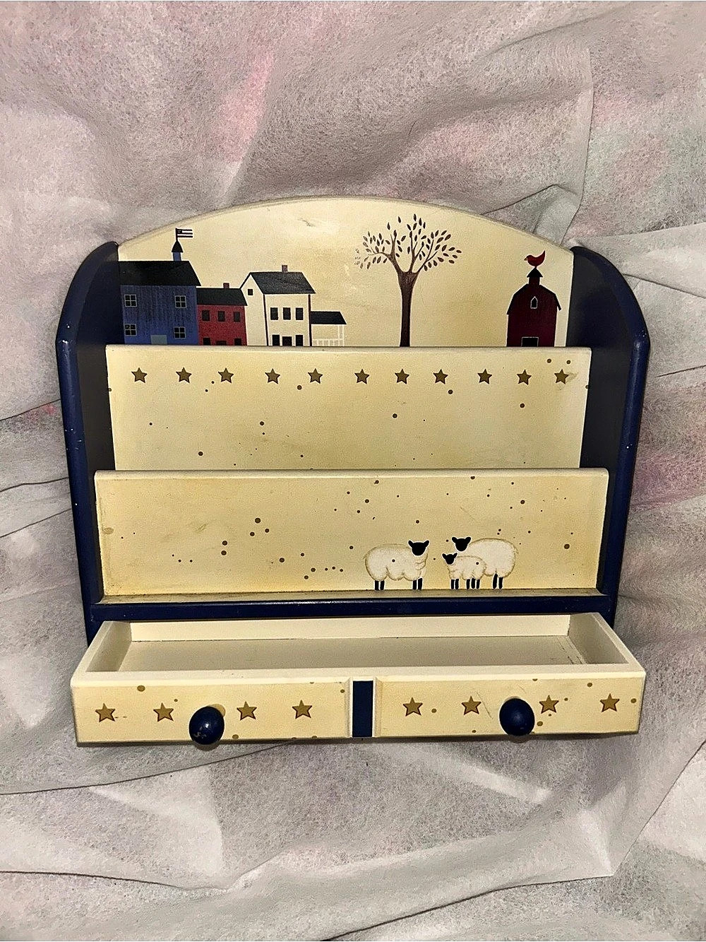Vintage Hand-Painted Country Folk Art Wooden Mail & Letter Organizer